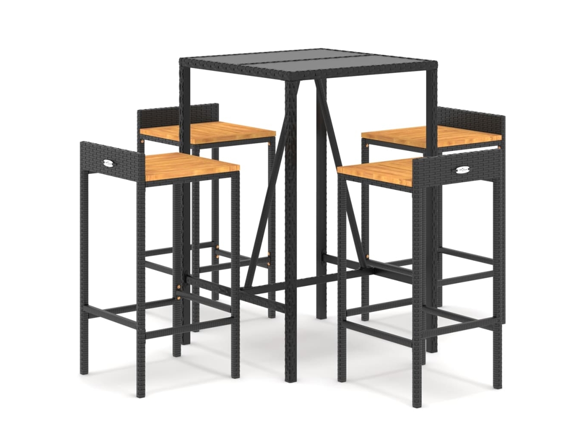 Conjunto 5 Mesa bar y taburetes jardín VIDAXL madera acacia ratán PE negro