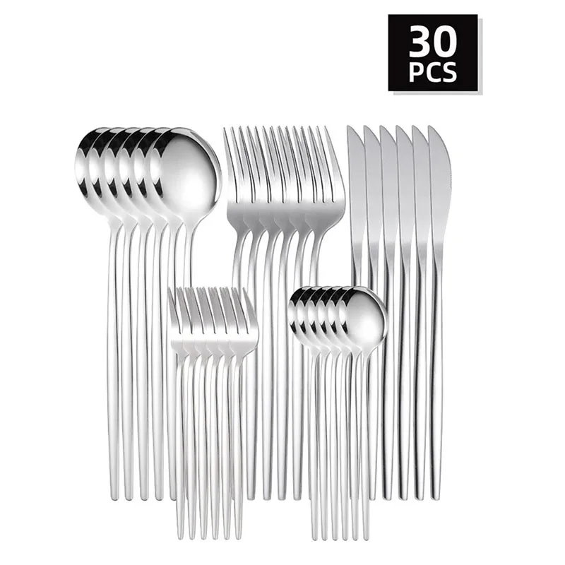 Cubiertos de acero inoxidable: cuchillo y tenedor, cuchara, cuchillo y tenedor para bistec estilo western, cuchara para café, cuchara y tenedor para postre MDUG (30 piezas)