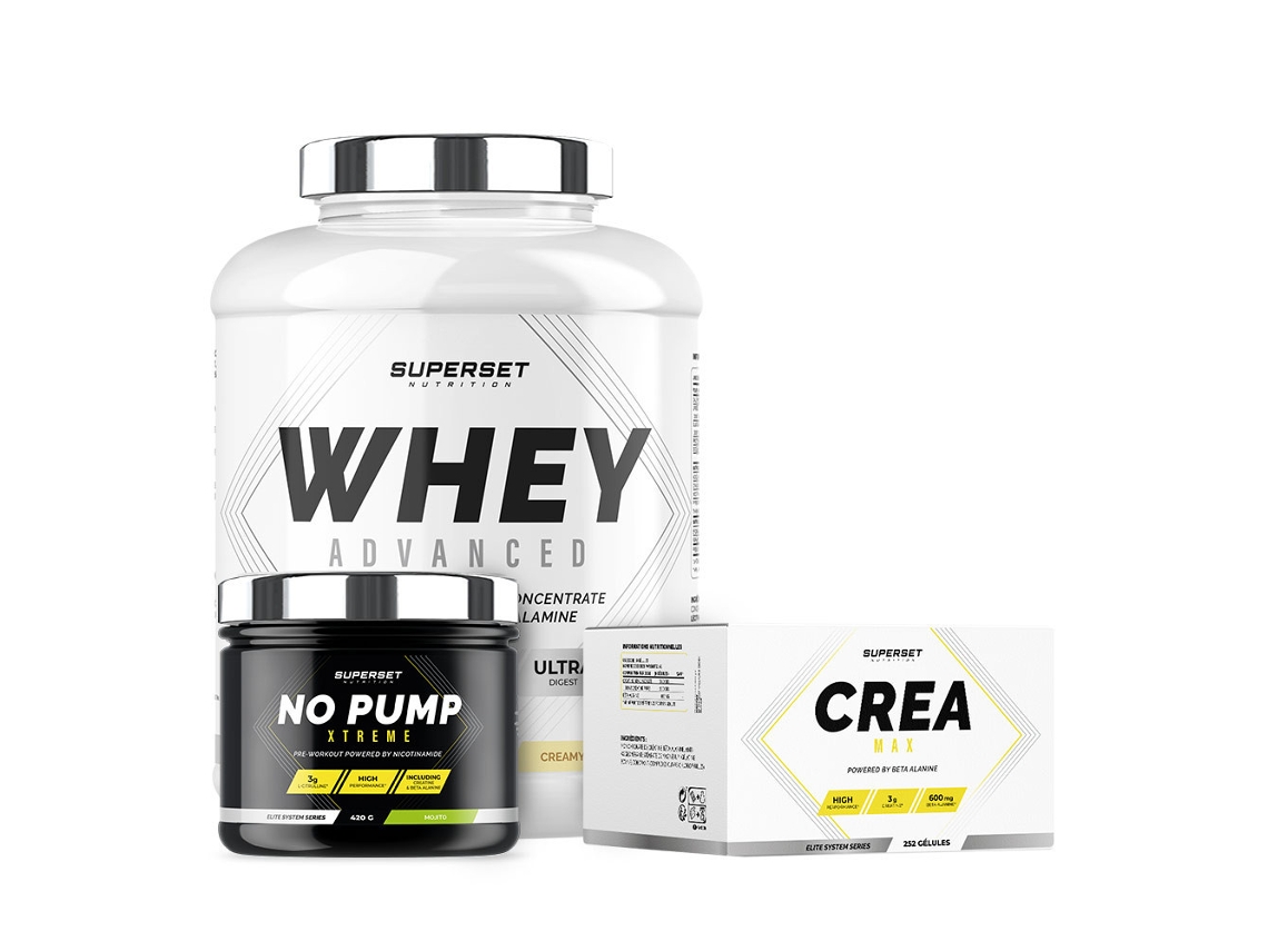 Programa de aumento de masa muscular en seco confirmado 100 Whey Protein Advanced 2 kg Creamy Vanilla No Pump Xtreme Mojito Superset Nutrition