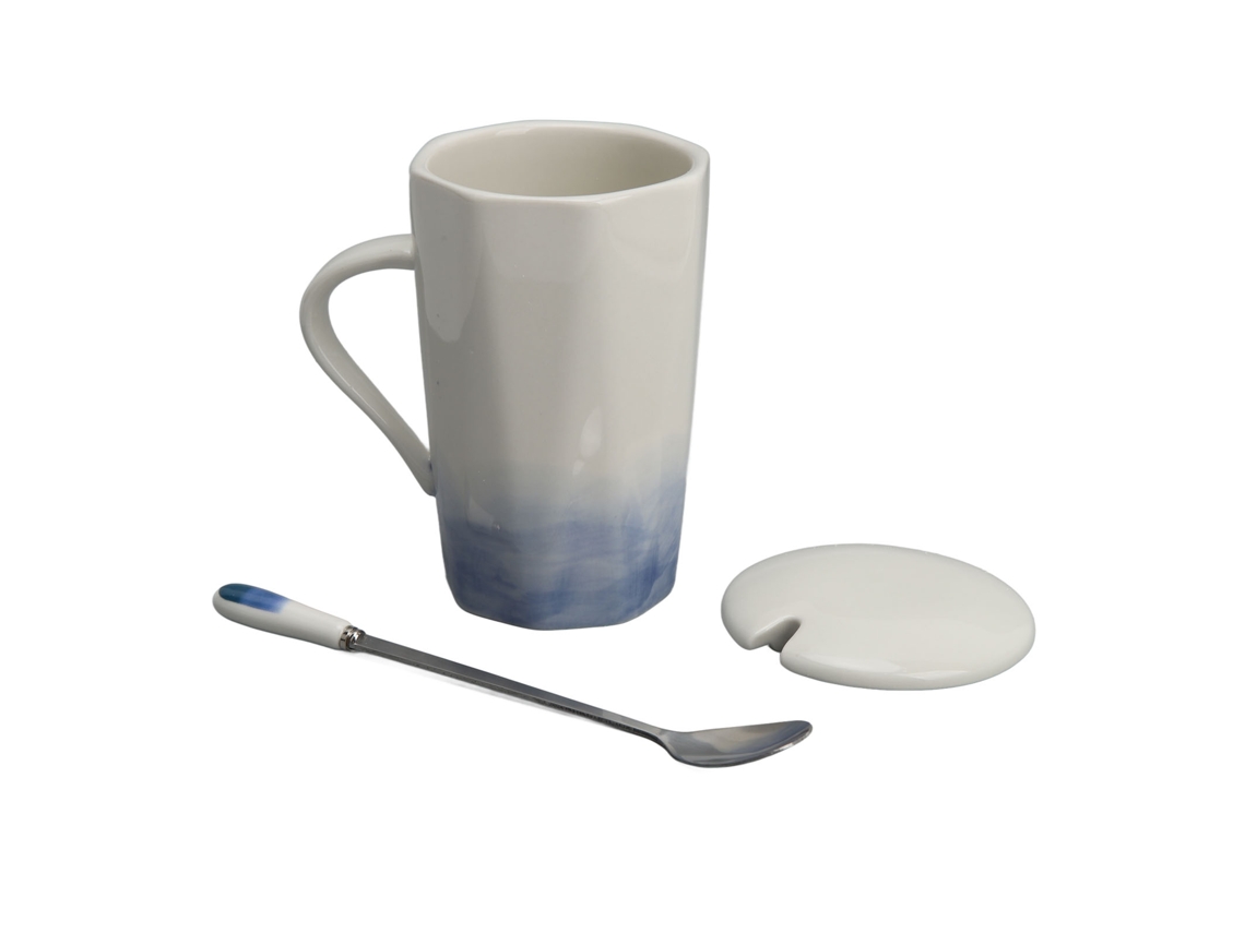 Taza De Cerámica Con Diseño Pintado, 400 Ml, Con Cuchara Y Tapa Para Café, Hogar, Oficina, Azul.