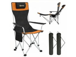 Juego de 2 sillas plegables de camping con reposapiés y portavasos, color negro y naranja.