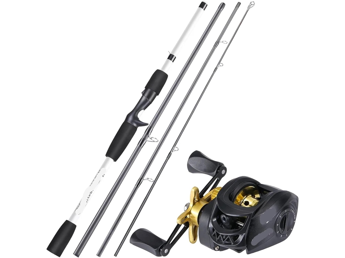 Kits De Cañas Pescar Fibra Carbono Para Baitcasting, 4 Secciones, Caña Casting Y Carrete Metal Pesca Lubina...