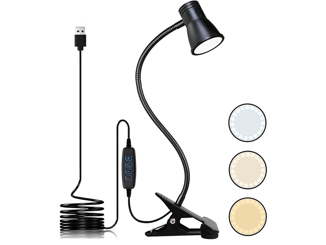 Lámpara De Escritorio Con Pinza Flexible De 360° Para Uso En La Mesita De Noche, Con Adaptador Usb.