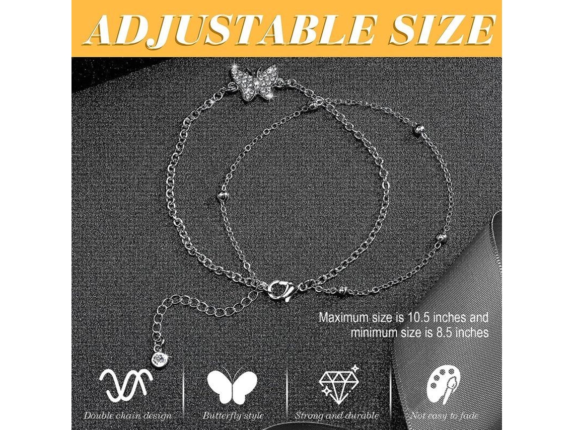 Tobillera De Mariposa En Capas Para Mujer Con Cadena Plateada Ajustable De Doble Capa.