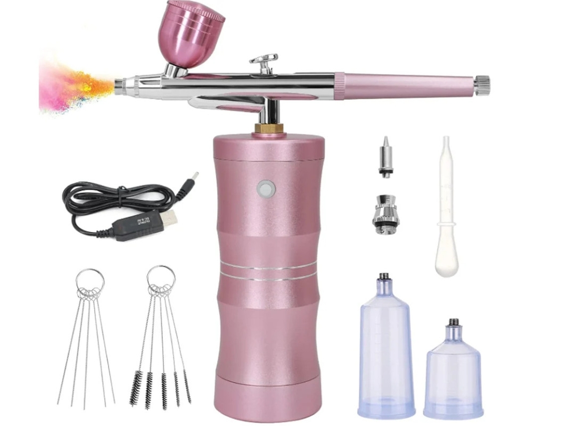 Kit de aerógrafo IPX8 con compresor de aire, 7,4 V, 34 PSI, recargable, inalámbrico, boquilla de 0,4 mm, color rosa Yizhood