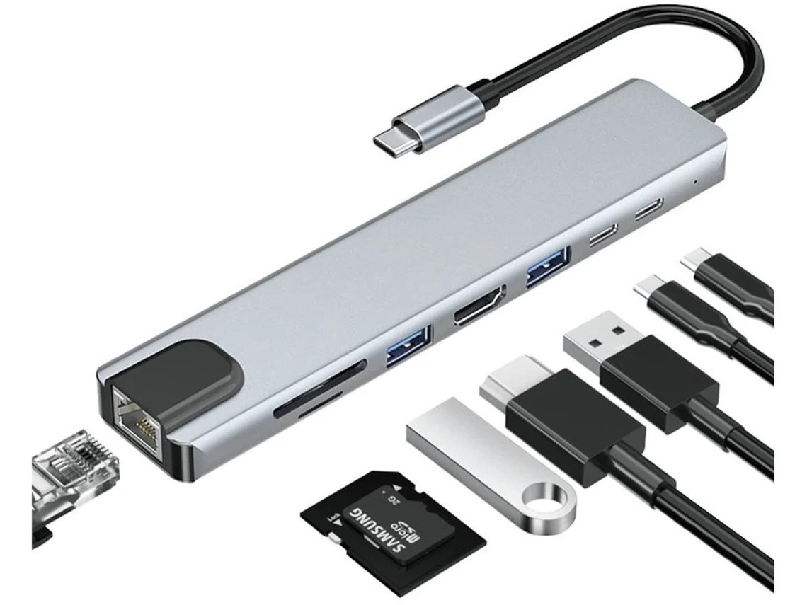 Estación de acoplamiento USB-C 8 en 1, concentrador USB-C, lector de tarjetas SD/TF, adaptador RJ45 USB 2.0/3.0 para MacBook, Mac Pro, Mac Mini e IMac.