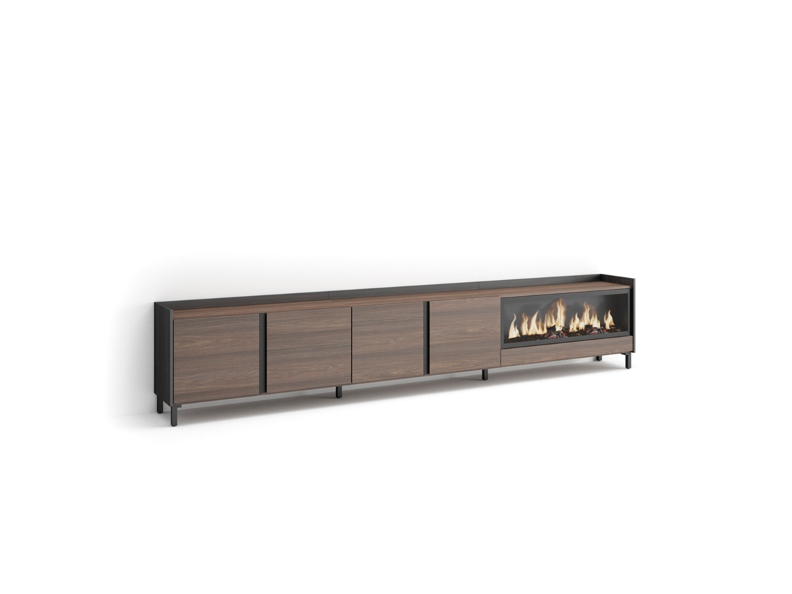 Mueble Tv, Televisión, 315x35x61cm, Para Tv Hasta 80", Chimenea Eléctrica Xxl, Diseño Industrial, Roble Oscuro Y Negro
