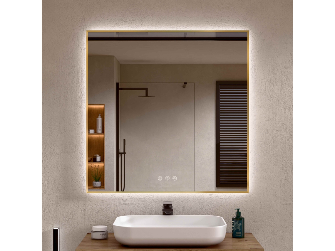 Espejo de Baño con Luz LED Perimetral, Luz Regulable en 3 Colores e Intensidades, Antivaho, Aluminio Dorado 70 x 80 cm Bellobath