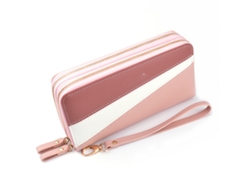Cartera larga de PU con cremallera bidireccional, 2 compartimentos, gran capacidad, bolso de mano de color contrastante para mujer, adulto, uso diario, color rosa