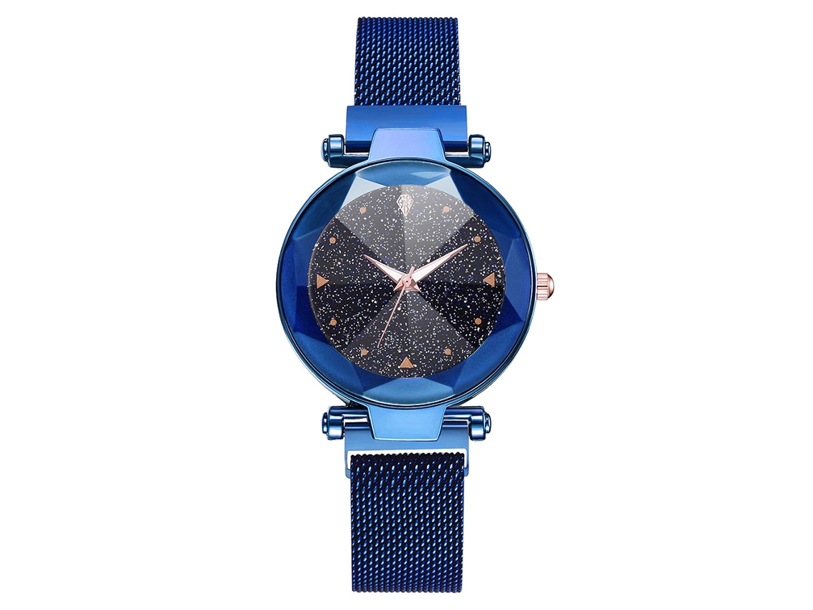 Reloj De Cuarzo Para Mujer Con Correa De Malla, Botón Magnético Y Esfera Redonda Azul.