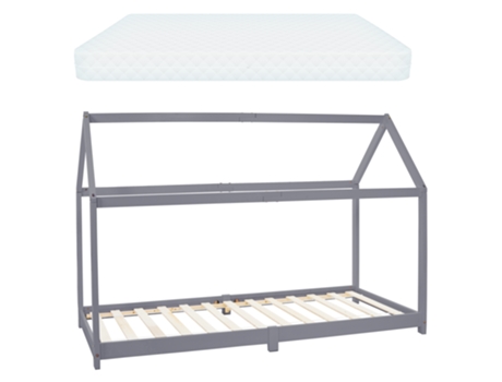 Cama infantil montessori con forma de casa de madera gris con colchón 90x200 cm ML-DESIGN
