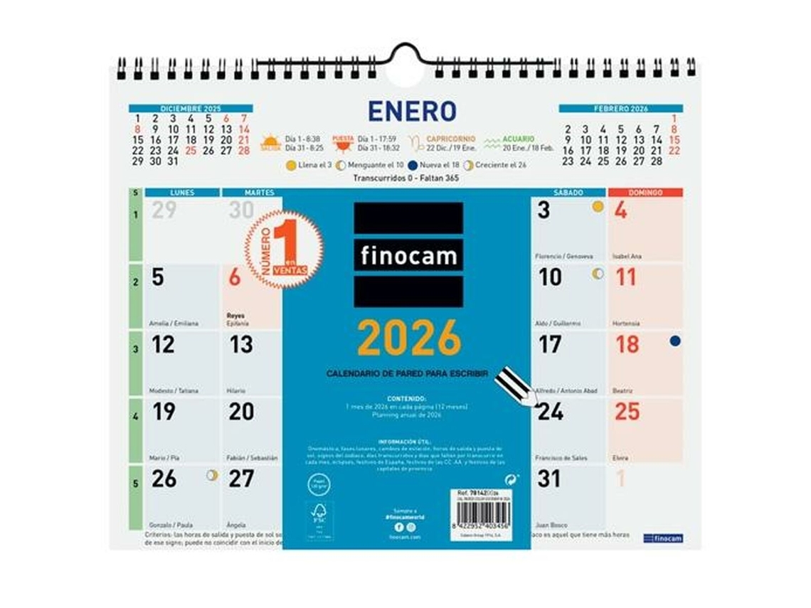 Calendario de pared de papel multicolor Finocam 2026 30 x 24,7 cm
