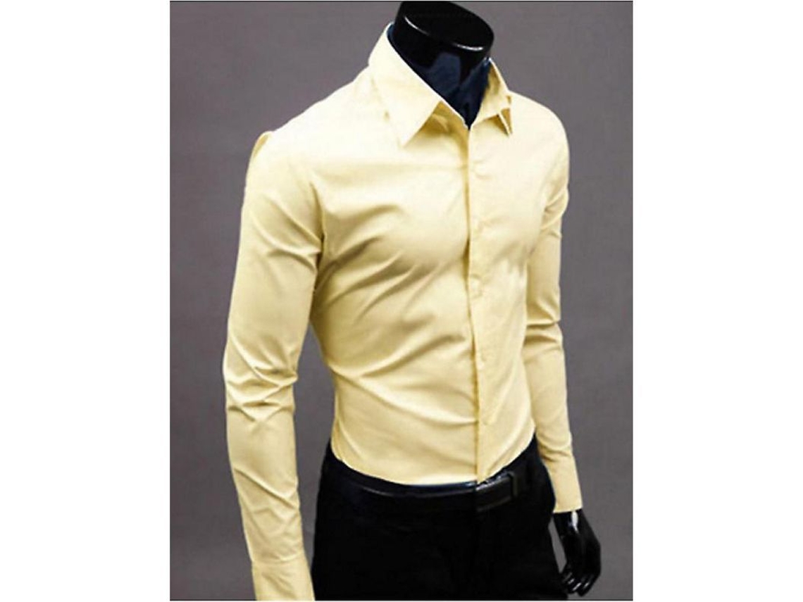 2026-camisas De Lujo Para Hombre Casual Formal Slim Fit Manga Larga Cuello Redondo De Algodón Mezclado Nik 2xl Amarillo Claro