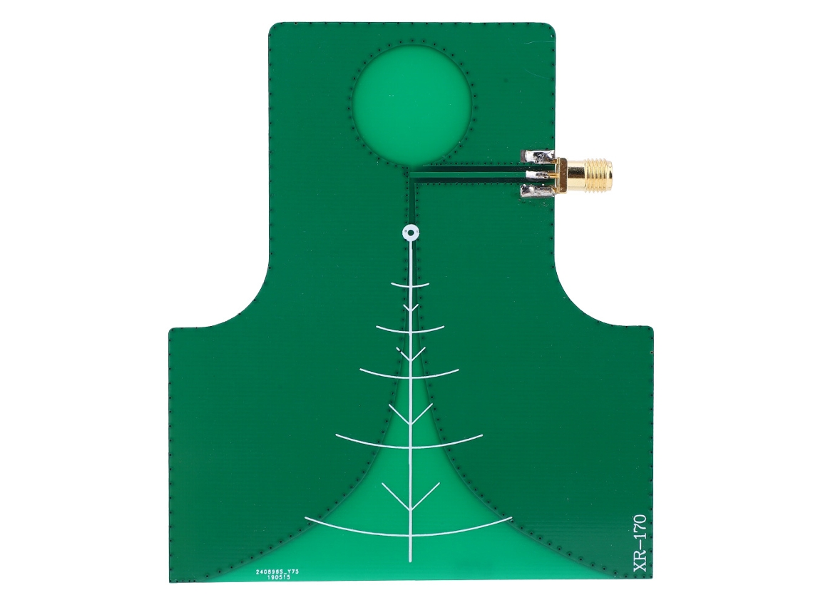 Antena direcional UWB de 1,4 a 10,5 GHz com polarização linear e ganho de 7 dBi.