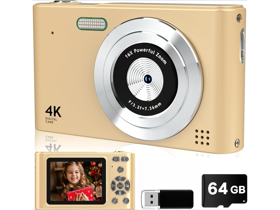 Mini Cámara Compacta Uhd 4k Cámara Digital Enfoque Automático 16x Zoom 64g Oro Veanxin