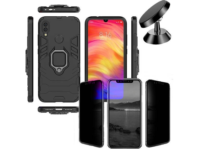 Kit Carcasa, Protector Privacy y Soporte Magnetico Xiaomi Redmi 7 Military Defender Negro