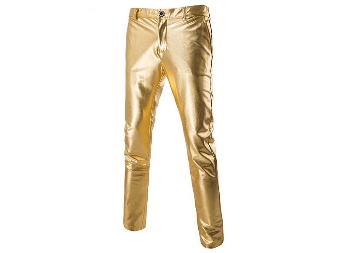 2026-pantalones De Cuero Casual De Cintura Media Bronceado Brillante Para Hombres Ptn L Oro