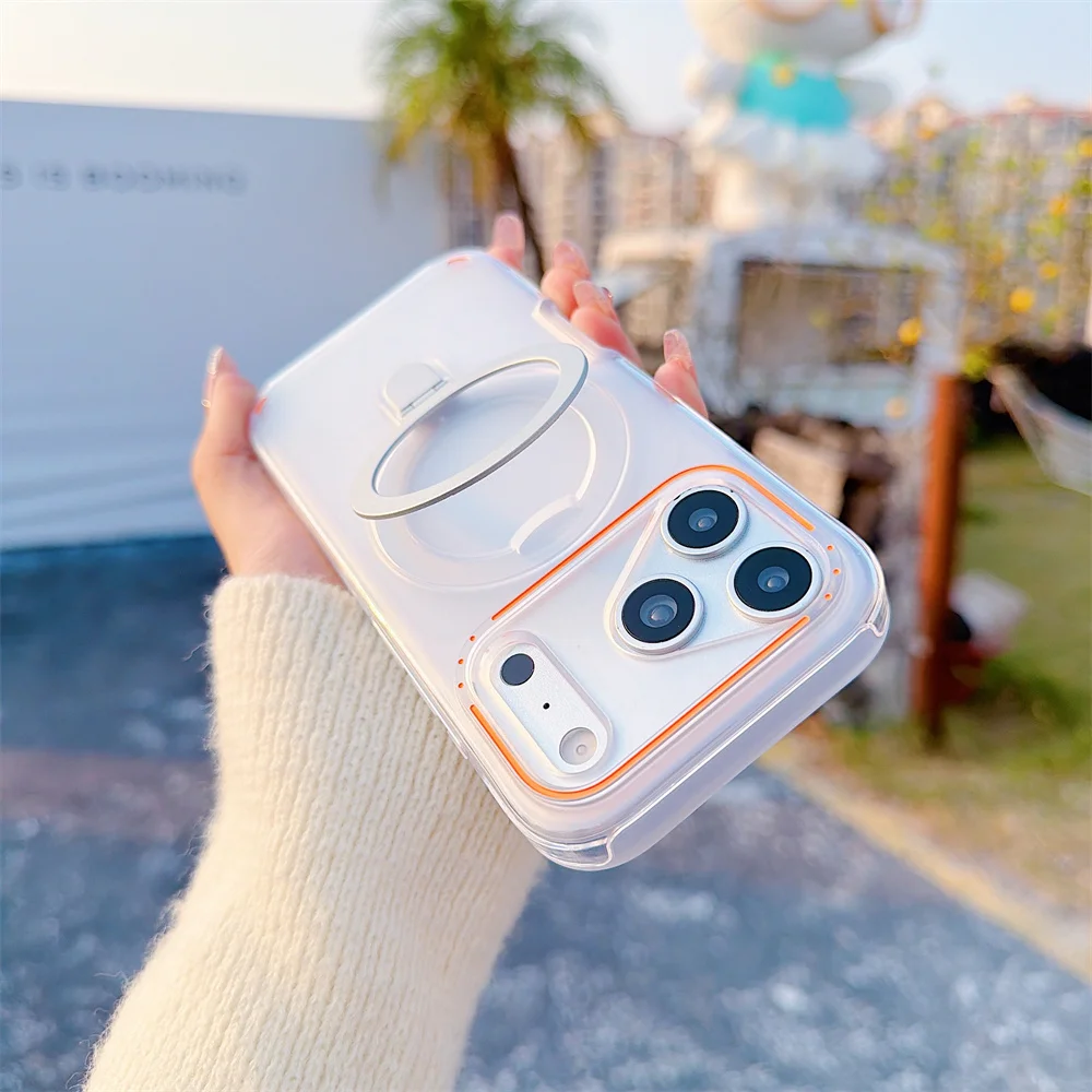 (iphone 15 Plus, Blanco) Funda Magnética Transparente Mate Para Iphone Con Soporte De Anillo Metálico Magsafe