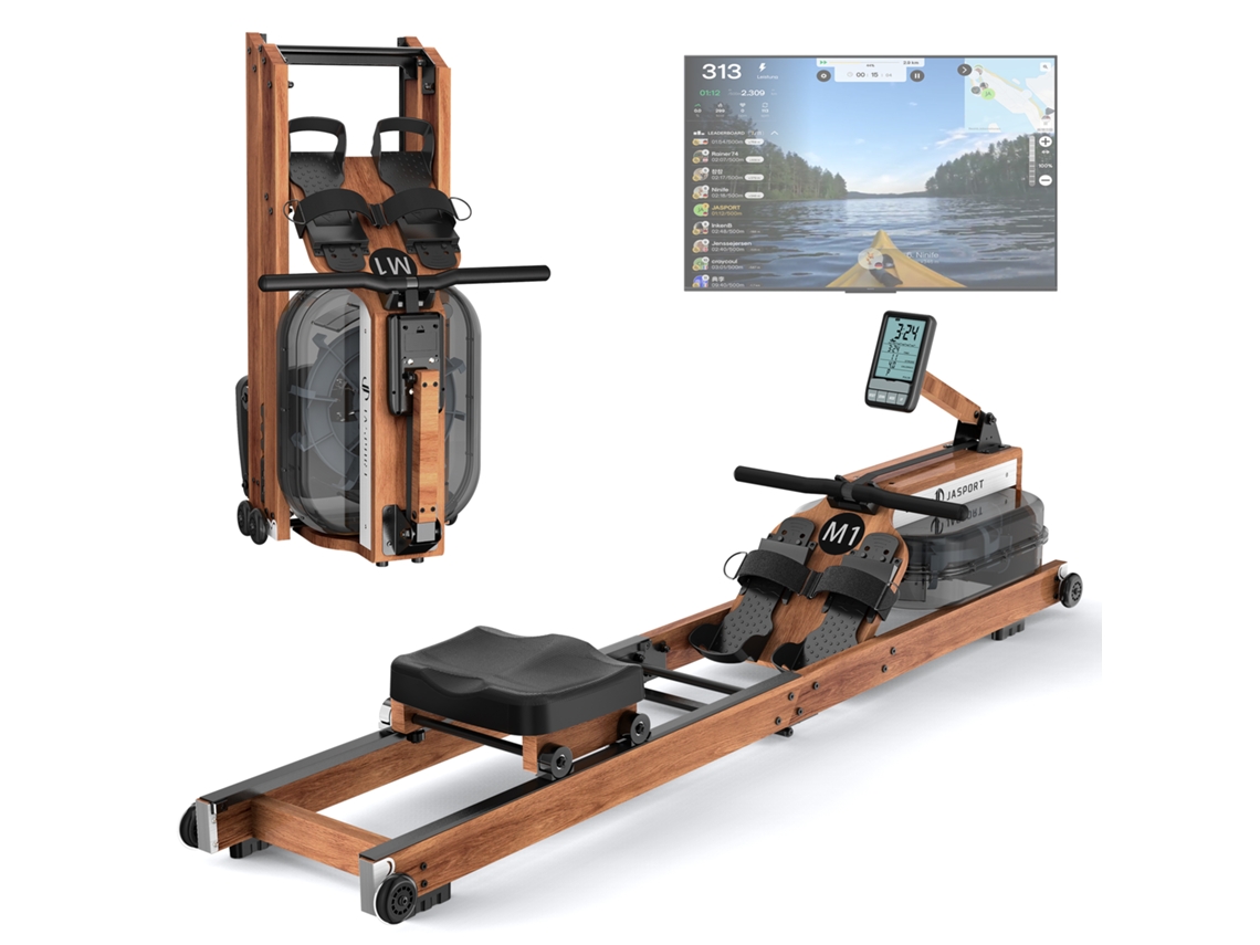 Máquina de remo JASPORT M1 para casa, plegable, madera FSC, tanque 20 L, LCD, Bluetooth, Kinomap, hasta 150 kg