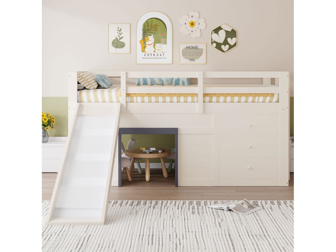 Cama infantil con tobogán, 90x200 cm, color crema