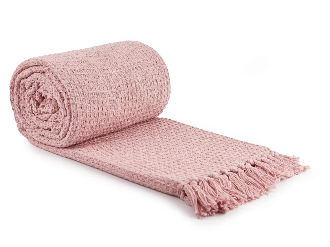 Rebe-manta De Sillón Sofá De Algodón Reciclado Textura Waffle Color Rosa Pistacho - 130*170cm