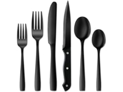 Um Conjunto De 24 Talheres De Aço Inoxidável Preto, Adequado Para Usos Alimentares.