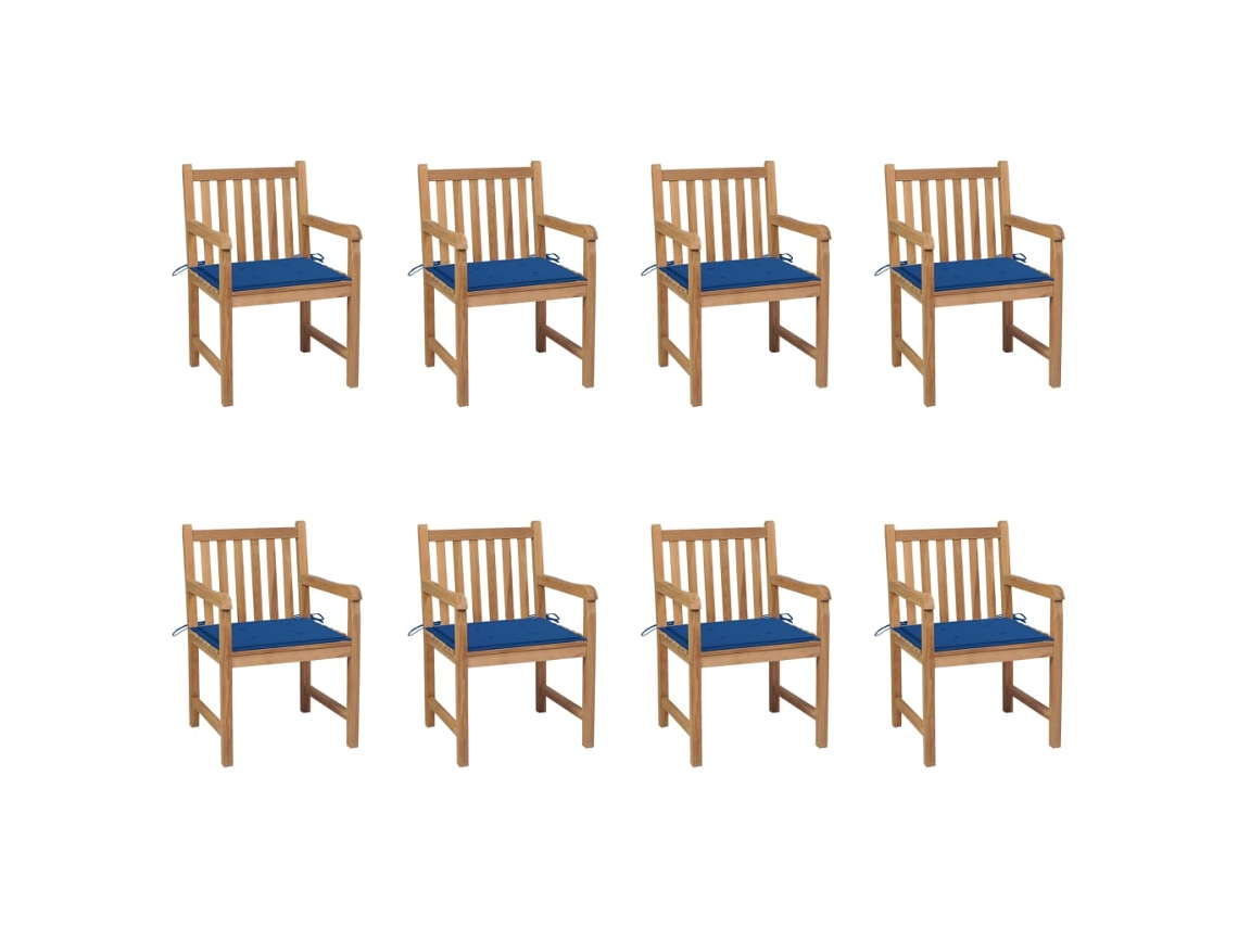 Sillas de jardín con cojines azul rey, 8 piezas, teca maciza, DKD Home Decor