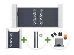 Puerta Corredera Sunny De 3 M, 140 Cm De Alto, Gris + Puerta Peatonal Sunny De 1 M, 140 Cm De Alto, Gris + 4 Postes + Motor Tanker C600