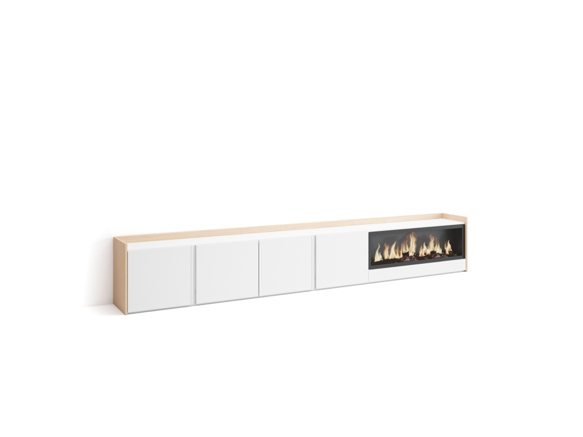 Mueble Tv, Televisión, 315x35x50cm, Para Tv Hasta 80", Chimenea Eléctrica Xxl, Blanco Y Roble Soft