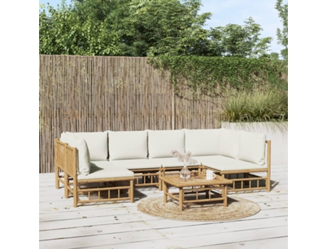 Conjunto 7 de muebles de jardín VIDAXL bambú y cojines blanco crema