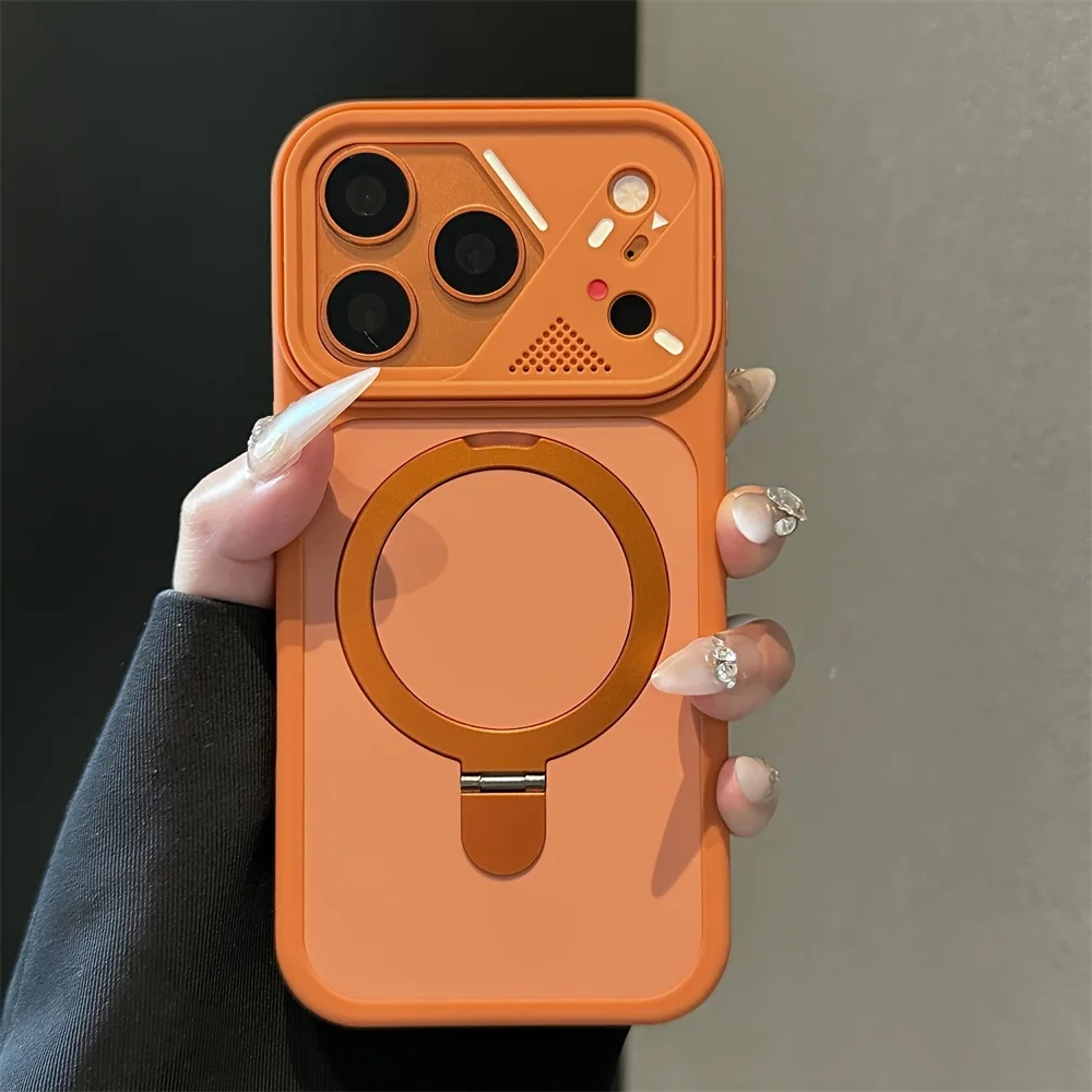(iphone 16 Naranja) Funda Magnética Magsafe Con Soporte De Anillo Metálico