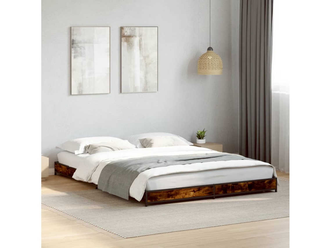 Estructura Cama Madera Ingeniería Metal Roble Ahumado 120x200cm