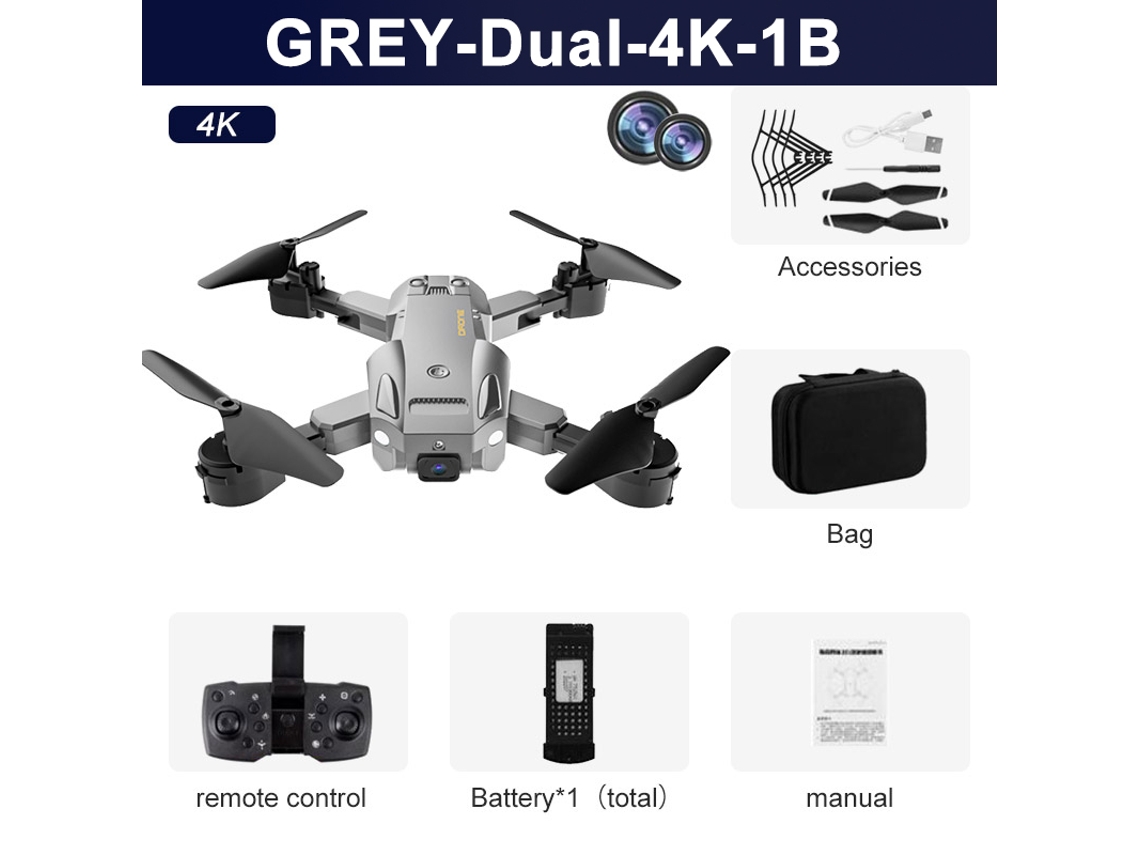 Dron Q6 con cámara dual 4K HD, cuadricóptero plegable (1 baterías - Duración de la batería: 15 min - Gris) YIZHOOD