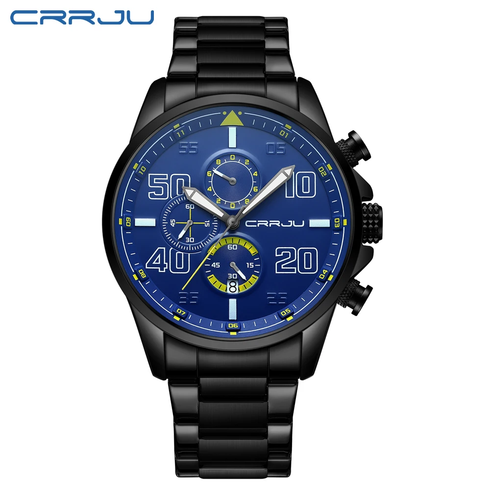 Reloj de hombre (negro y azul), cronógrafo resistente al agua con esfera grande de acero inoxidable.