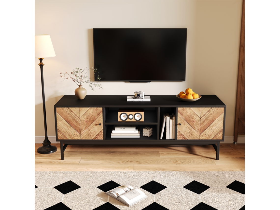 Mueble de TV de 150 cm, diseño en negro y madera, almacenaje versátil con estantes y armarios, negro y madera, Mobrio