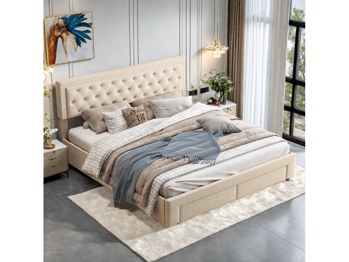 Cama De Terciopelo De 180x200 Cm Con Cabecero Con Tachuelas, Cama Doble Con Almacenamiento Hidráulico Y 2 Cajones, Color Beige.