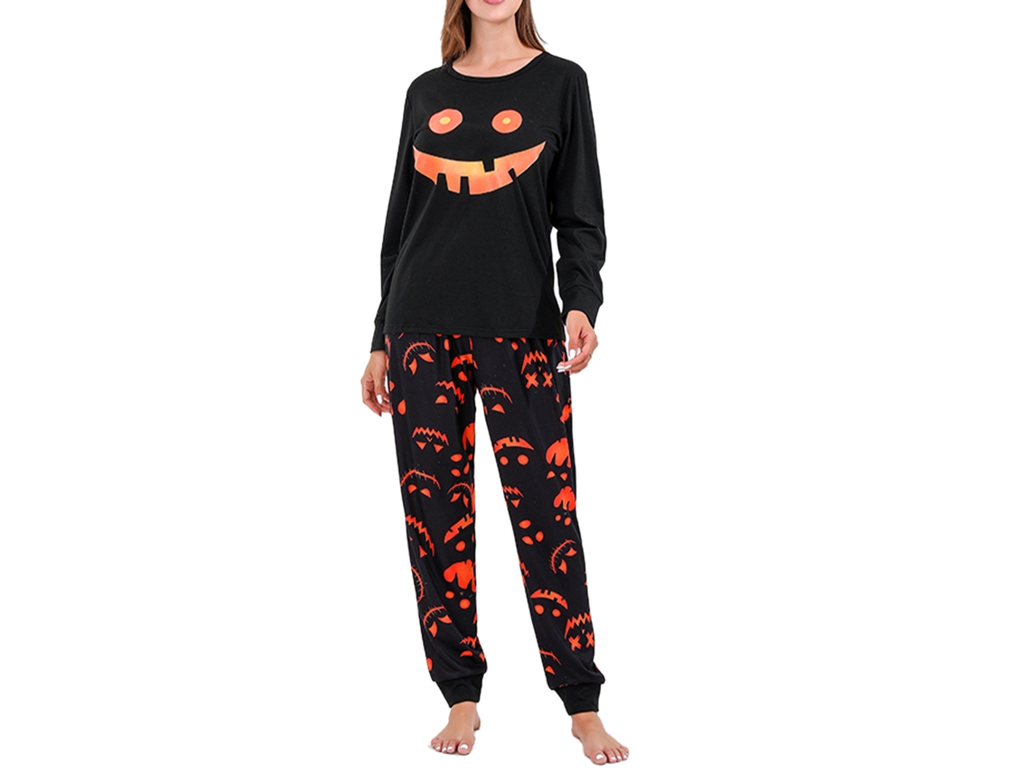 Pijama familiar Rebe-Halloween con cara sonriente luminosa, manga larga para hombres, mujeres y niños, negro, talla XL para mujer