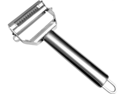 Pelador versátil de acero inoxidable con doble cuchilla para verduras y frutas, ideal para batatas, zanahorias y manzanas.