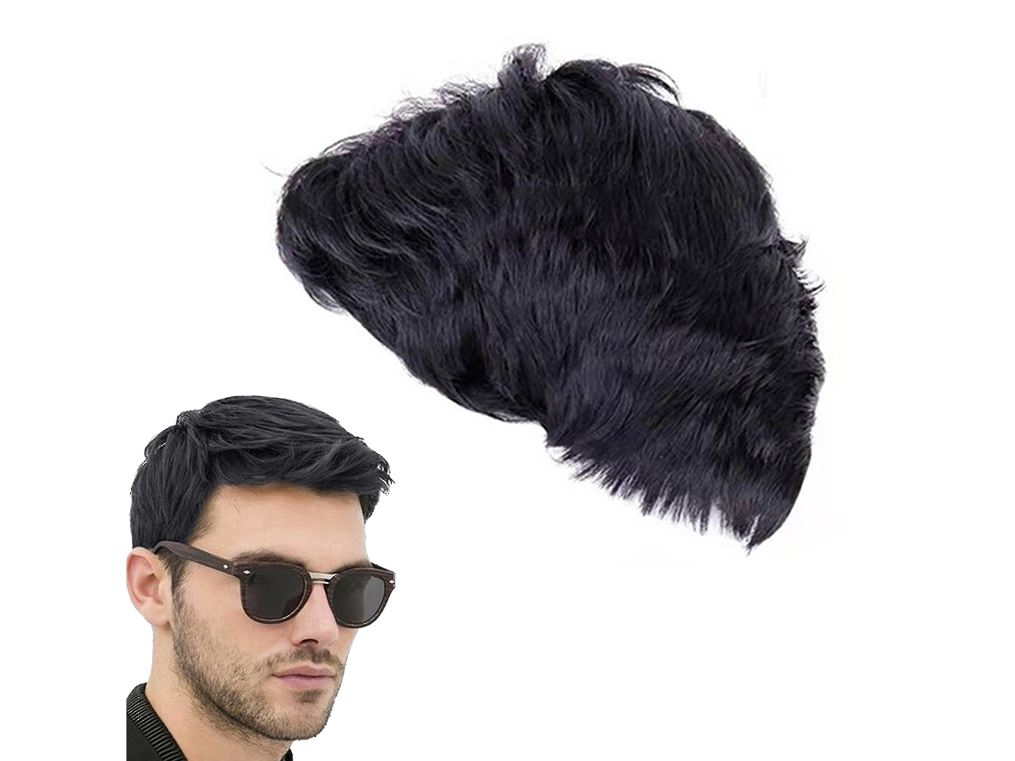 Peluca corta negra para hombre, fibra importada, elegante cabello sintético de repuesto para uso diario, fiestas y disfraces.