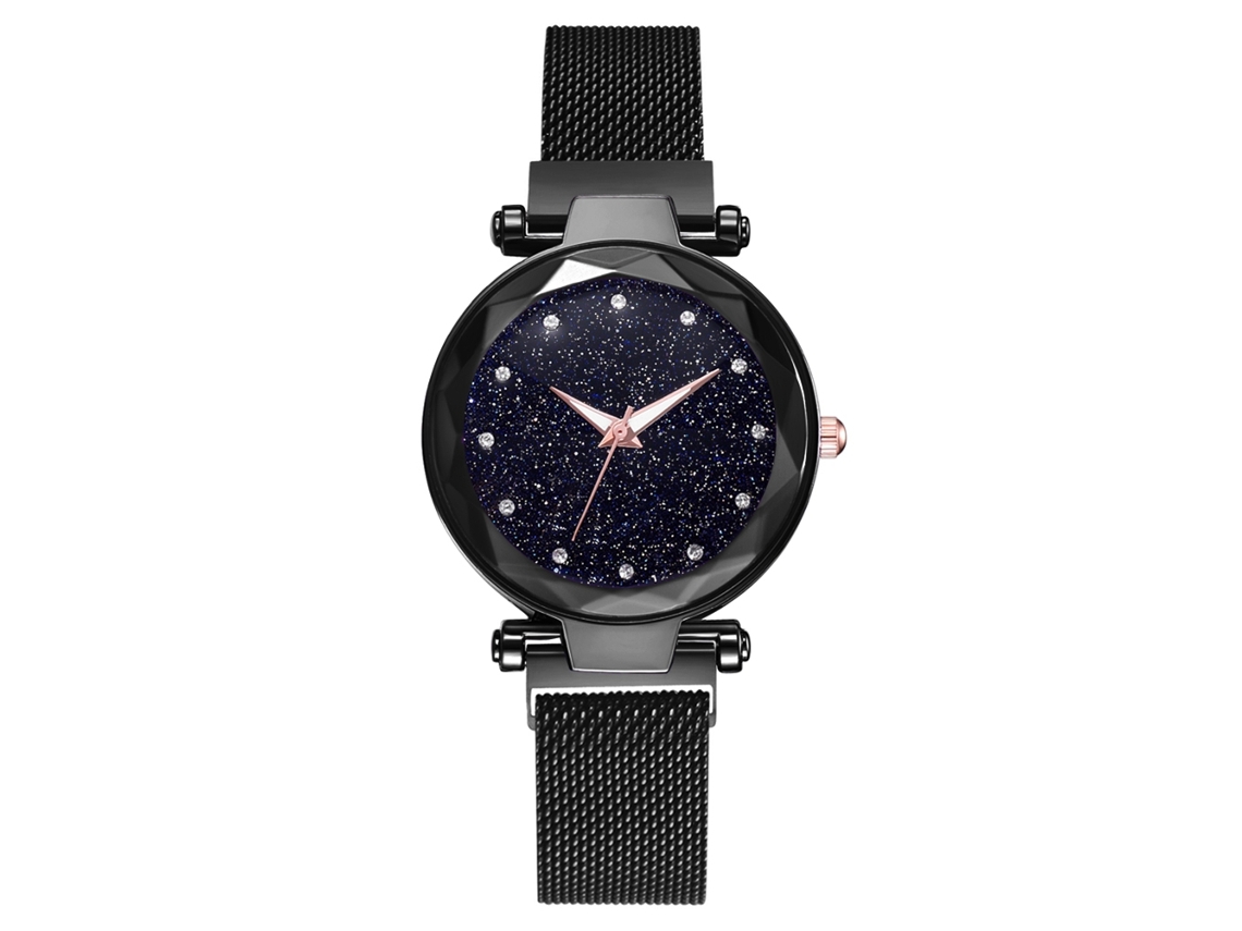 Reloj De Pulsera De Cuarzo Con Números Romanos Y Diamantes De Imitación, Correa De Malla Negra.