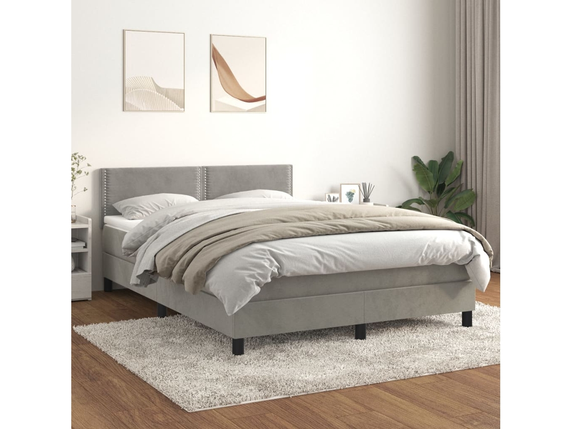 Cama Box Spring Con Colchón Terciopelo Gris Claro 140x200 Cm