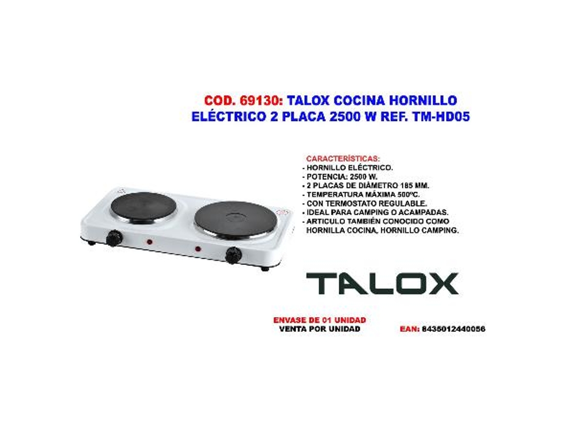 Talox cocina hornillo electrico 2 placa 2.500 w tm-hd05