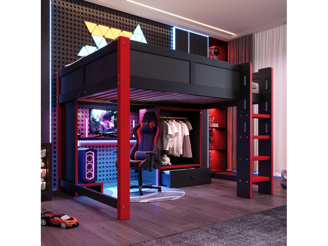 Cama Para Juegos 140x200 Escritorio Led Escalera Armario Negro Rojo