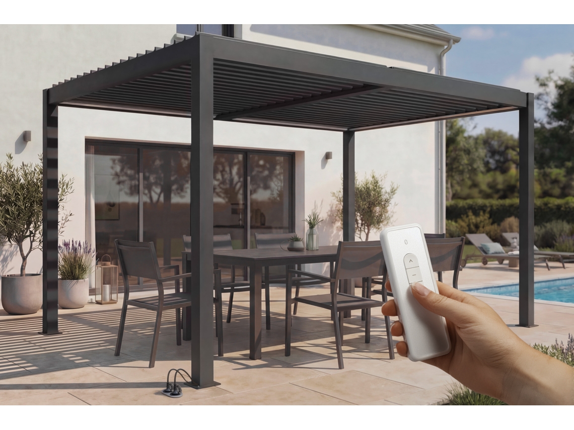 Pérgola Bioclimática Motorizada 4x3 M Autoportante Con Led Agosta Altura 250 Cm - Aluminio Gris