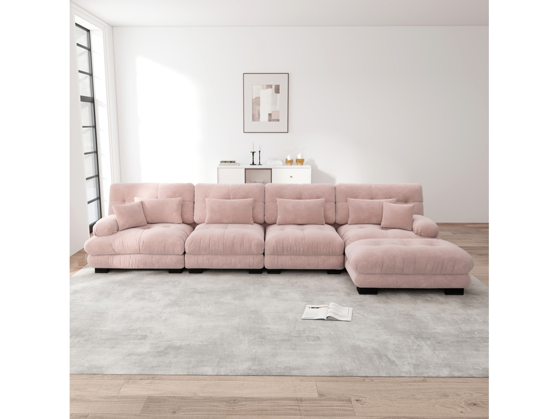 Sofá Modular 4 Plazas - L-förmiges Couch Set Con Ottoman Móvil - Rosa