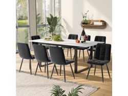 Juego de mesa de comedor de 140/180×80×75 cm con 8 sillas, mesa de MDF blanca, patas negras, sillas de terciopelo gris.