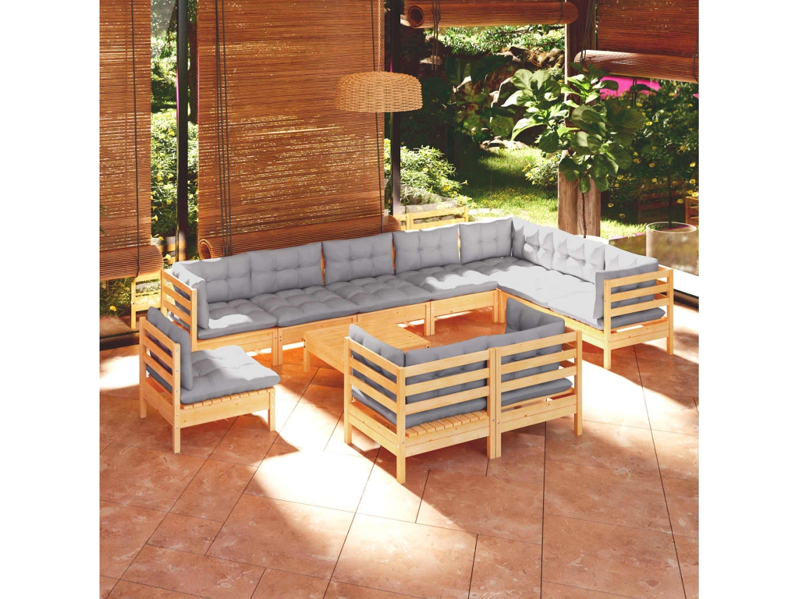 Conjunto de jardín DKD Home Decor de 11 piezas con cojines de pino macizo gris
