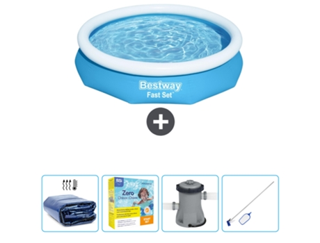 Piscina Hinchable Redonda Fast Set BESTWAY - 305 x 66 cm - Azul - Incluida Vela solar - Paquete de mantenimiento - Bomba - kit de limpieza