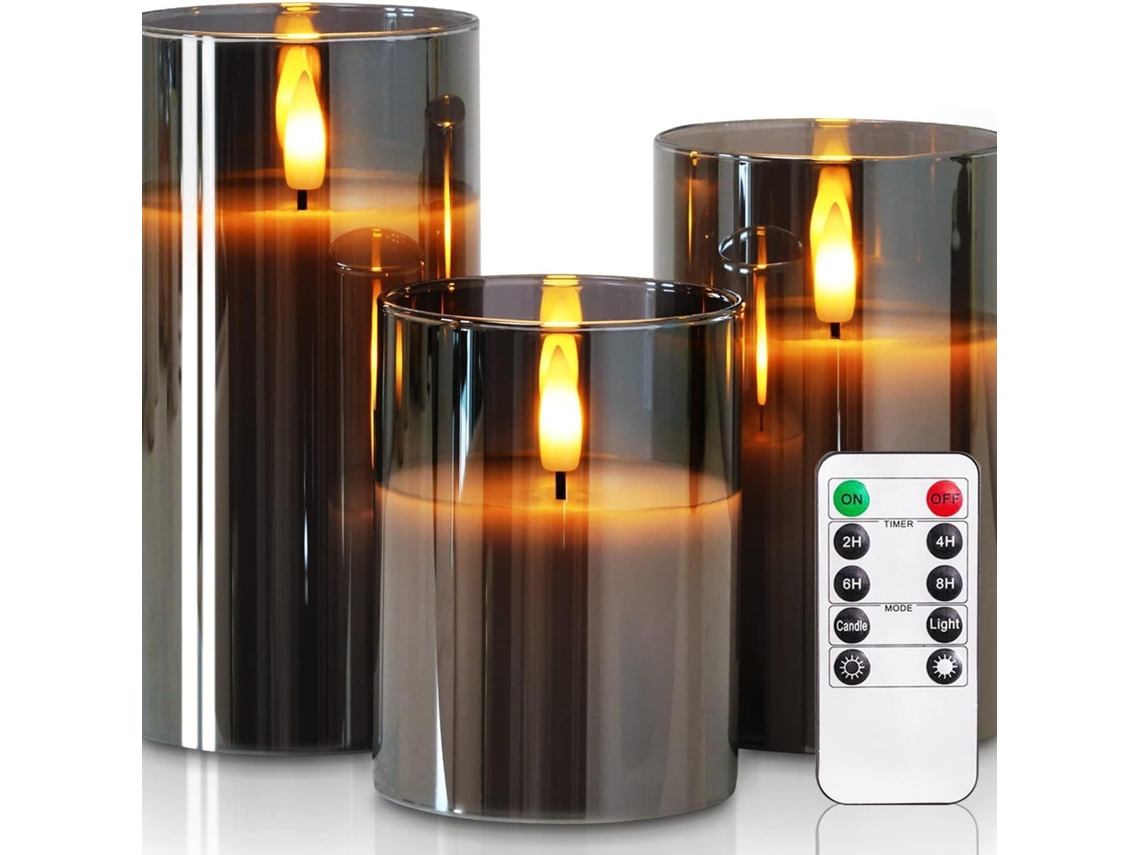Velas LED sin llama con control remoto, juego de 3, a pilas, ideales para bodas y decoración navideña (gris)