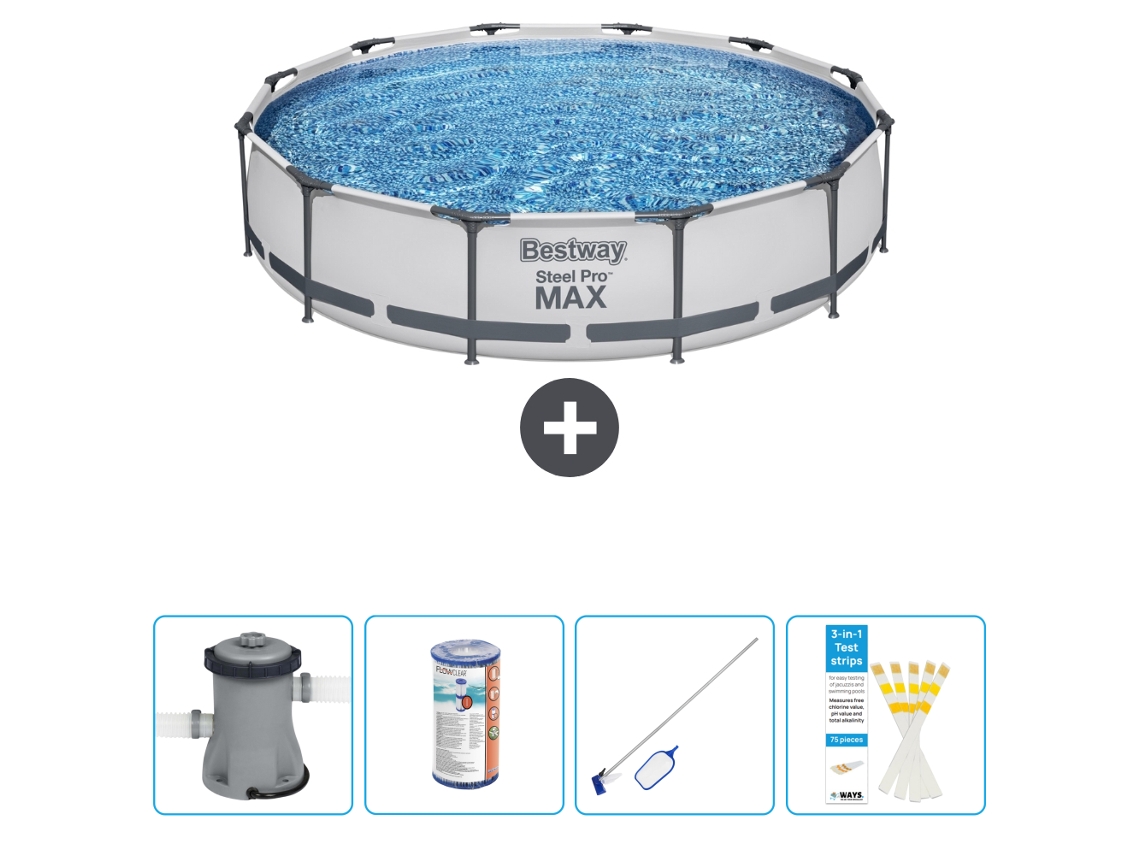 Piscina BESTWAY Round Steel Pro MAX - 366 x 76 cm - Gris - Bomba incluida Filtrar - kit de limpieza - Tiras de prueba
